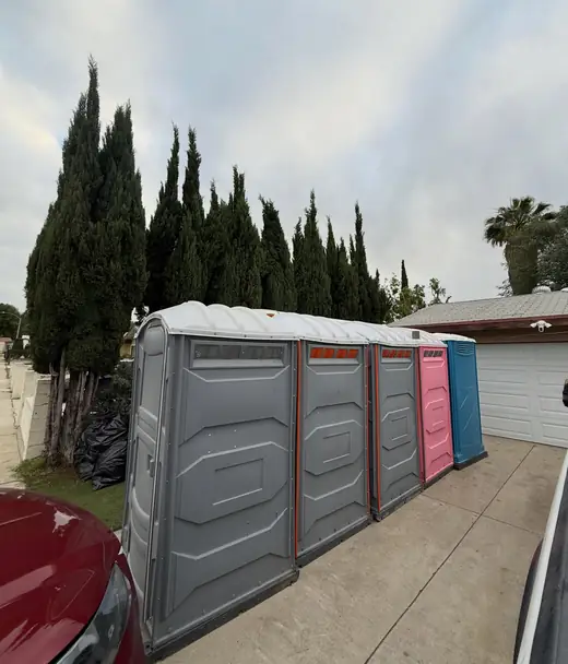 Portable toilets lined up along a driveway